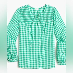 EUC J Crew Green Gingham Smocked Blouse Size Small 100% cotton